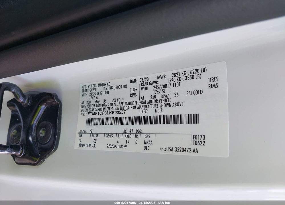 2020 FORD F-150 VIN: 1FTMF1CP3LKE03557
