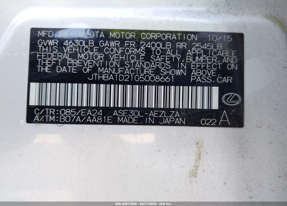 2016 LEXUS IS 200T VIN: JTHBA1D21G5008661