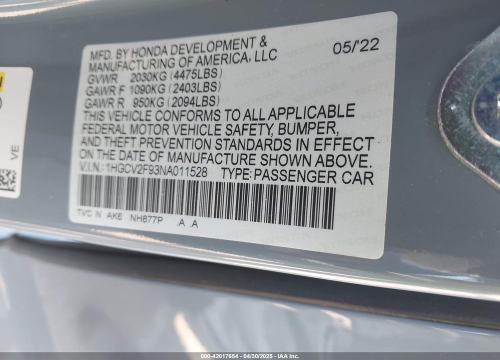 2022 HONDA ACCORD VIN: 1HGCV2F93NA011528