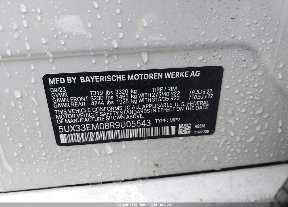 2024 BMW X7 VIN: 5UX33EM08R9U05543