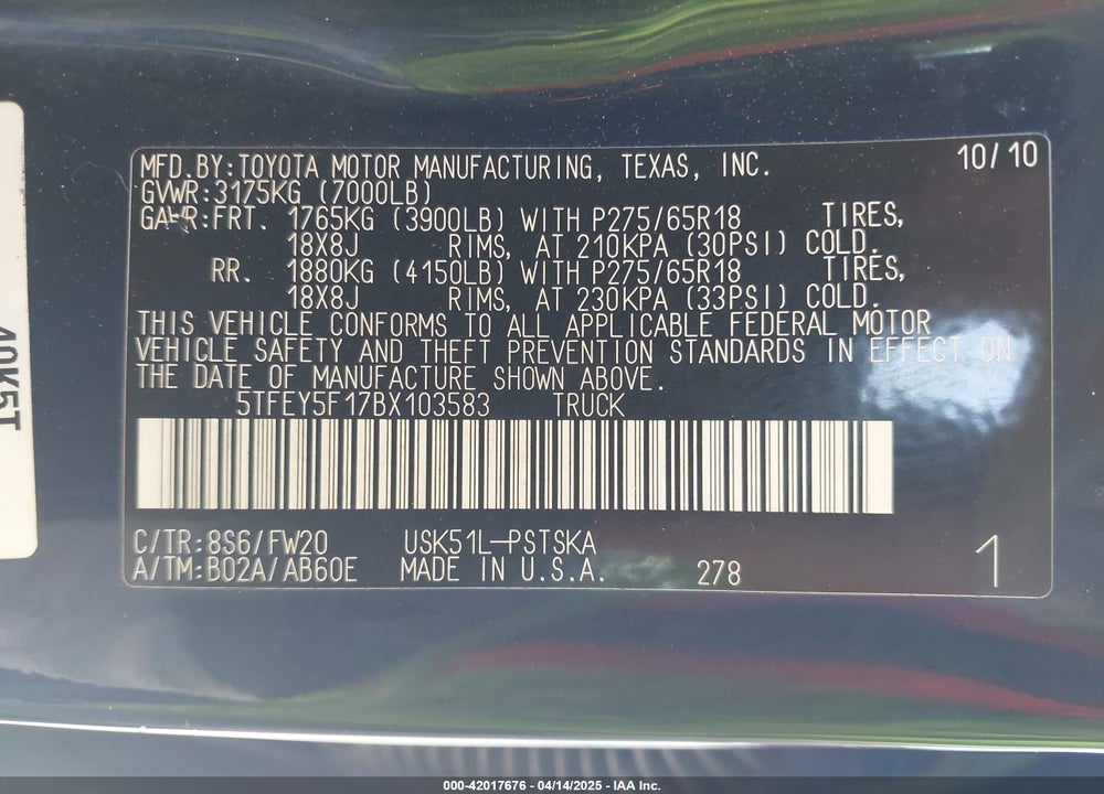 2011 TOYOTA TUNDRA GRADE 5.7L V8 VIN: 5TFEY5F17BX103583