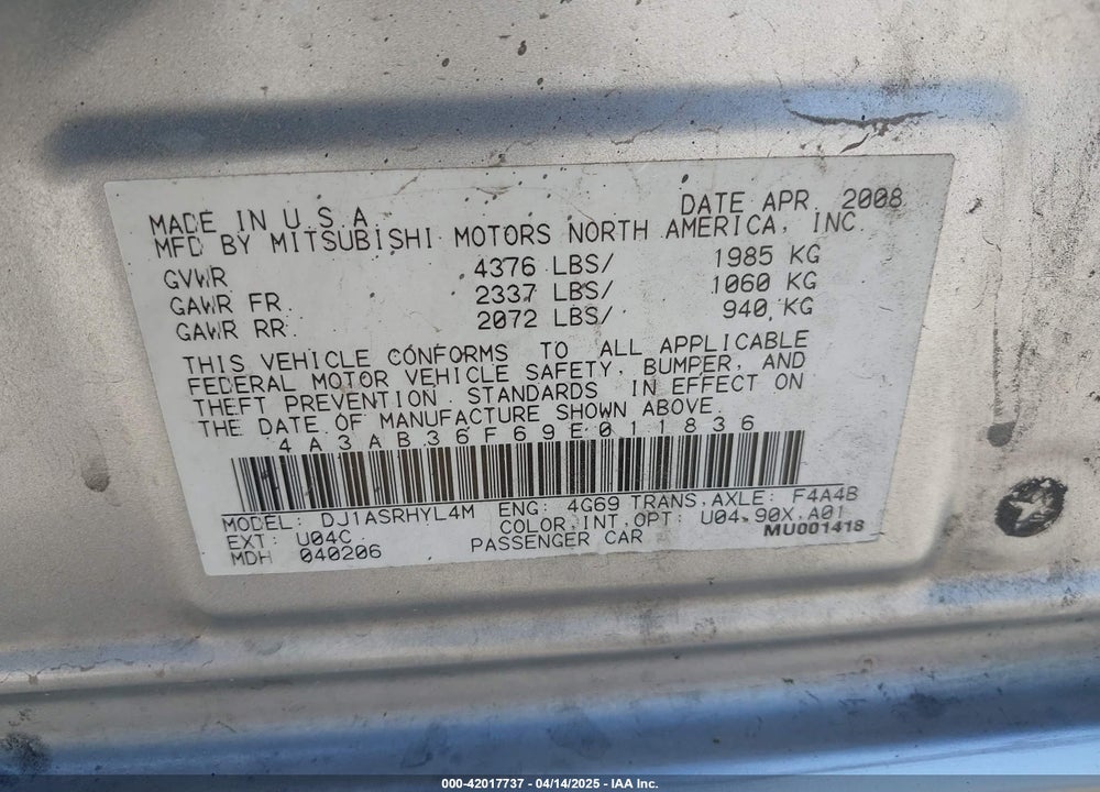 2009 MITSUBISHI GALANT ES/SPORT EDITION VIN: 4A3AB36F69E011836
