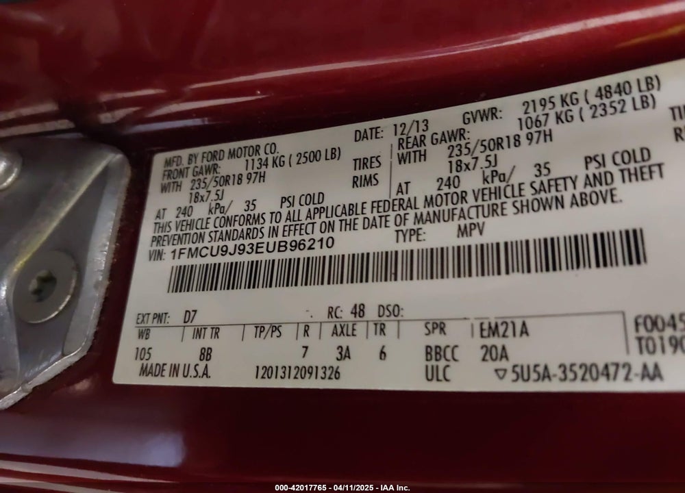 2014 FORD ESCAPE VIN: 1FMCU9J93EUB96210