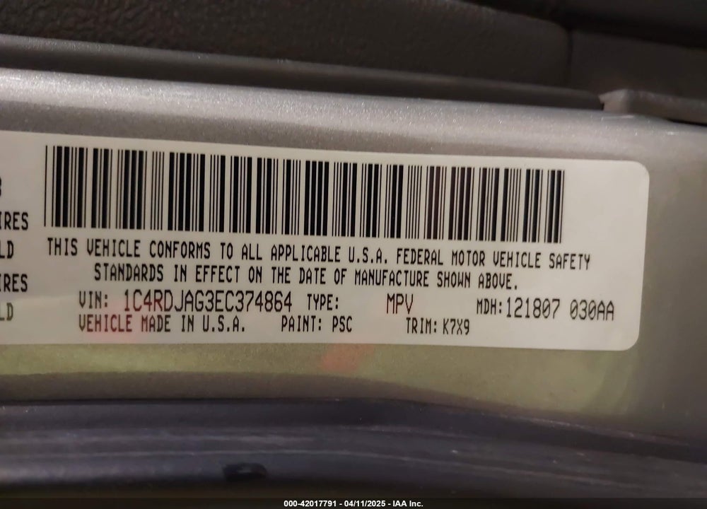 2014 DODGE DURANGO SXT VIN: 1C4RDJAG3EC374864