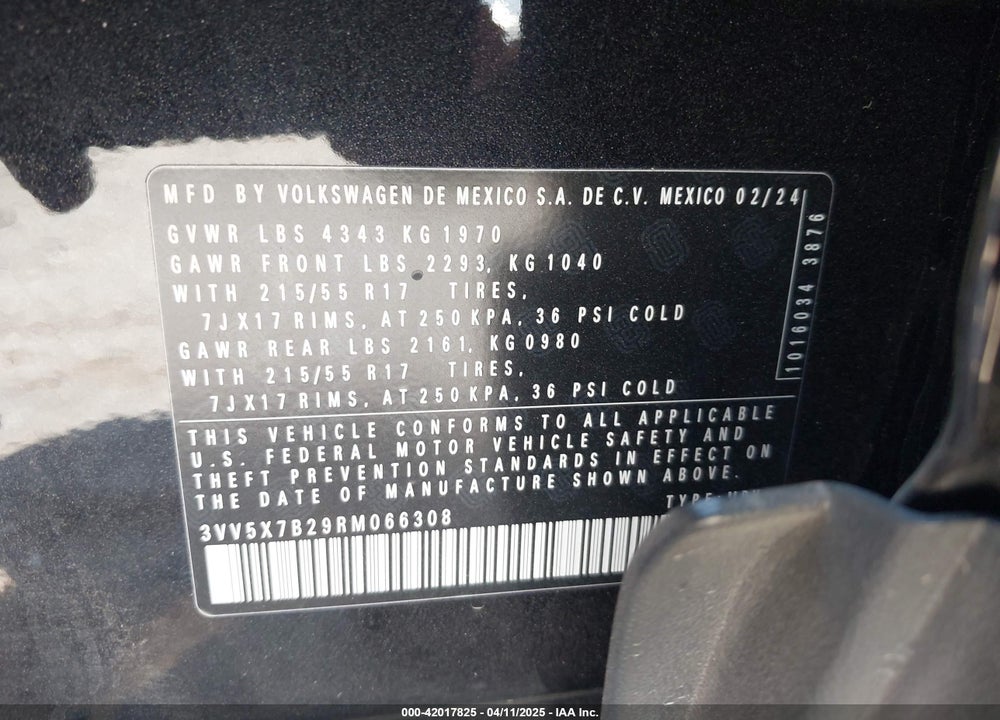 2024 VOLKSWAGEN TAOS 1.5T S VIN: 3VV5X7B29RM066308
