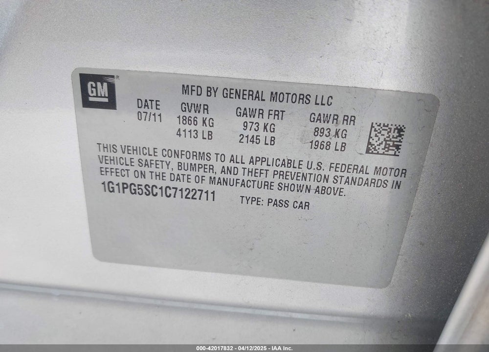 2012 CHEVROLET CRUZE 2LT VIN: 1G1PG5SC1C7122711