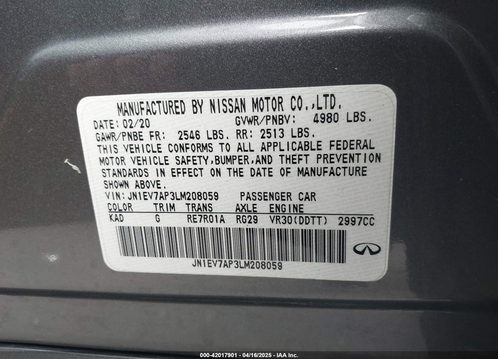2020 INFINITI Q50 EDITION 30 VIN: JN1EV7AP3LM208059