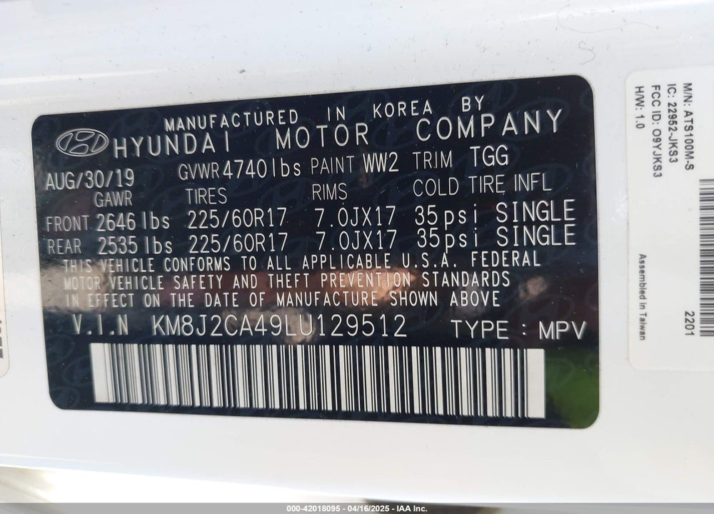2020 HYUNDAI TUCSON VIN: KM8J2CA49LU129512