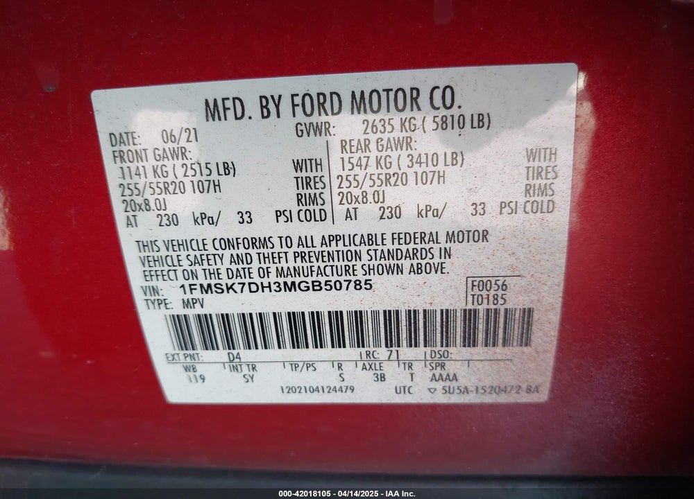 2021 FORD EXPLORER VIN: 1FMSK7DH3MGB50785