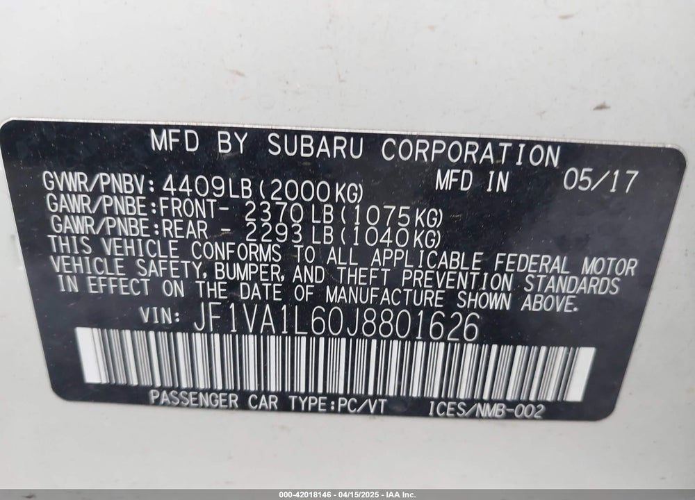 2018 SUBARU WRX VIN: JF1VA1L60J8801626
