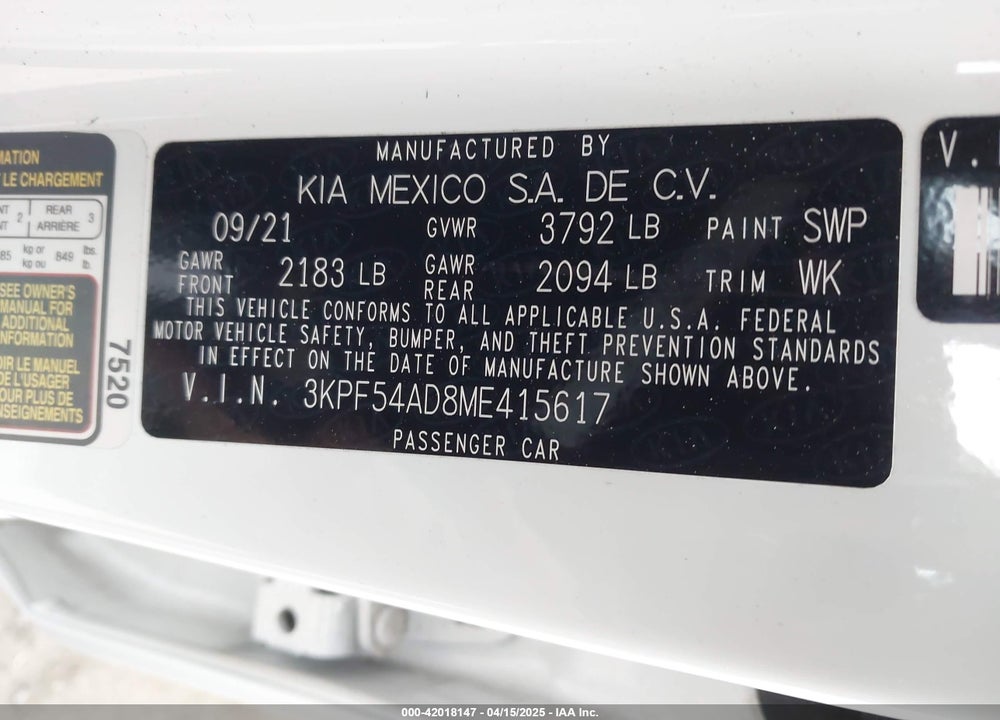 2021 KIA FORTE EX VIN: 3KPF54AD8ME415617