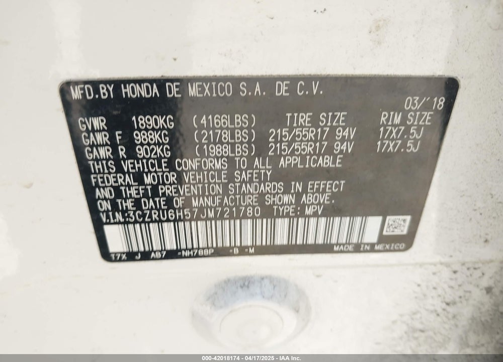 2018 HONDA HR-V EX VIN: 3CZRU6H57JM721780