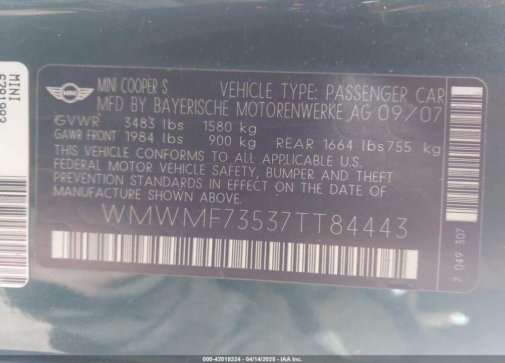 2007 MINI COOPER S VIN: WMWMF73537TT84443