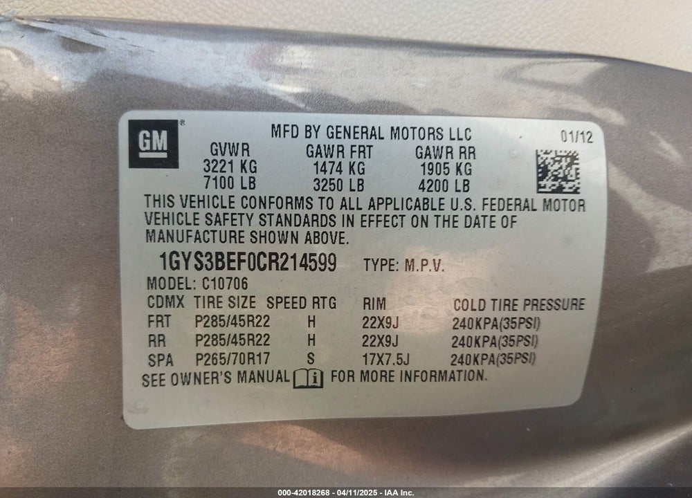 2012 CADILLAC ESCALADE LUXURY VIN: 1GYS3BEF0CR214599