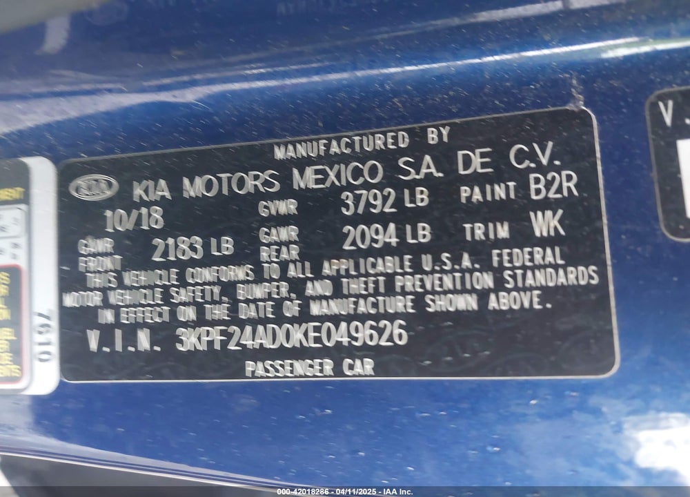 2019 KIA FORTE VIN: 3KPF24AD0KE049626