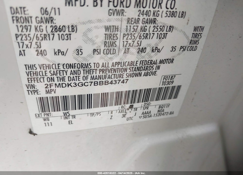 2011 FORD EDGE VIN: 2FMDK3GC7BBB43747