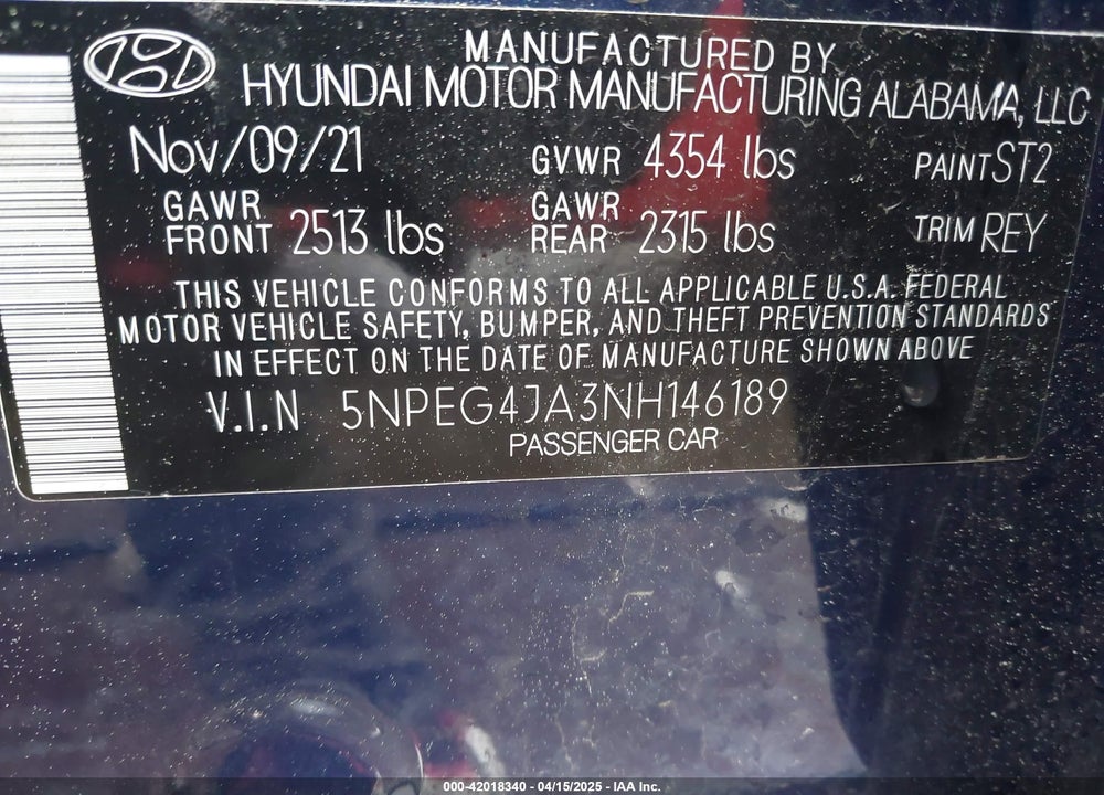 2022 HYUNDAI SONATA SE VIN: 5NPEG4JA3NH146189
