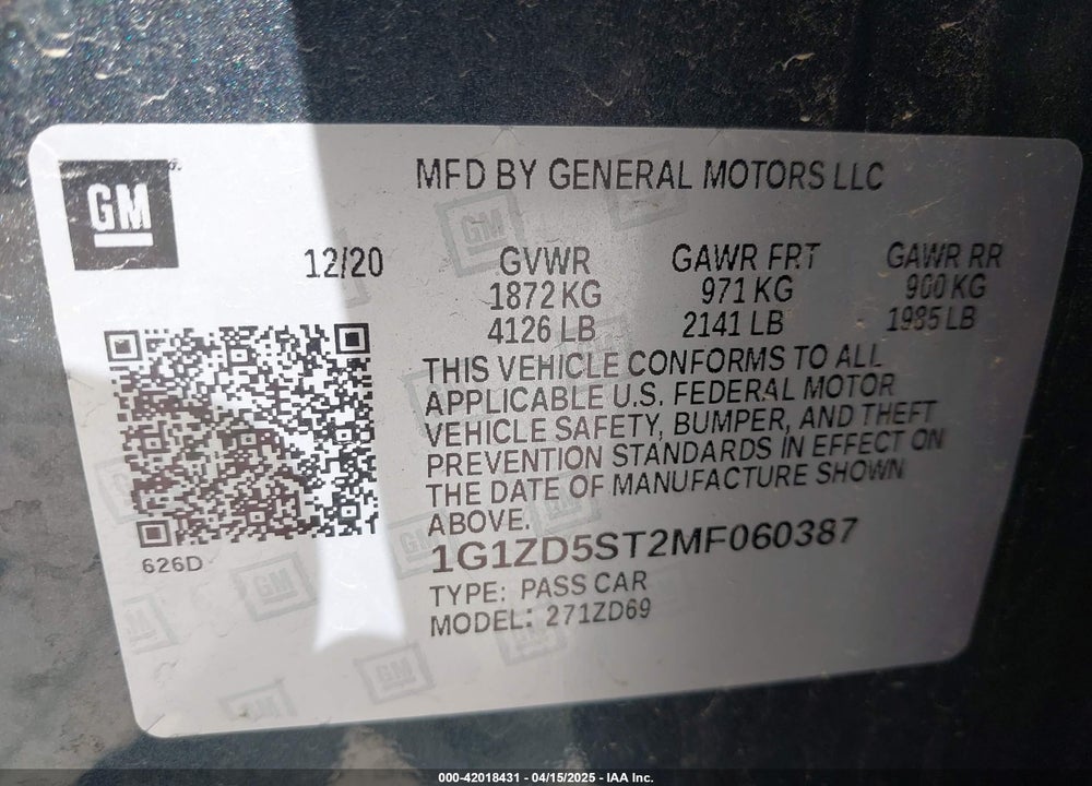 2021 CHEVROLET MALIBU FWD LT VIN: 1G1ZD5ST2MF060387