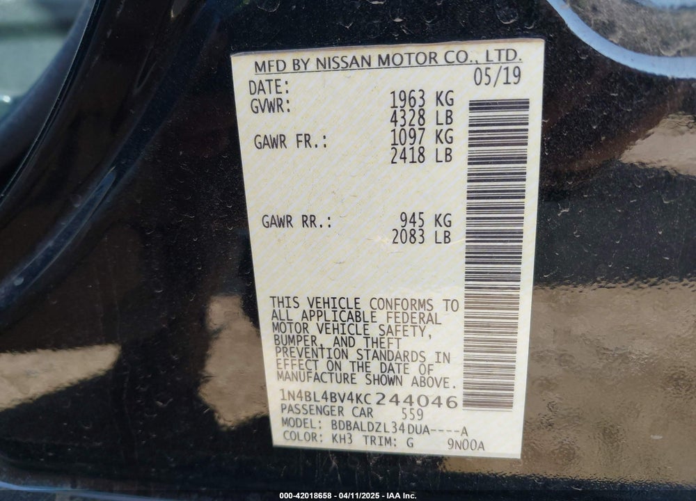 2019 NISSAN ALTIMA VIN: 1N4BL4BV4KC244046