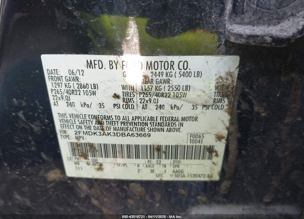 2013 FORD EDGE VIN: 2FMDK3AK3DBA63669