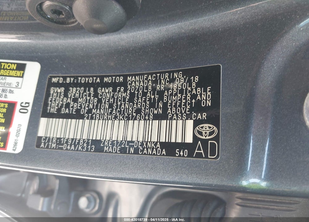 2019 TOYOTA COROLLA VIN: 2T1BURHE3KC176048