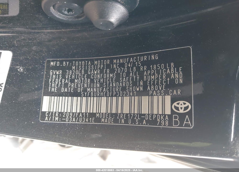 2015 TOYOTA COROLLA VIN: 5YFBURHE0FP302341