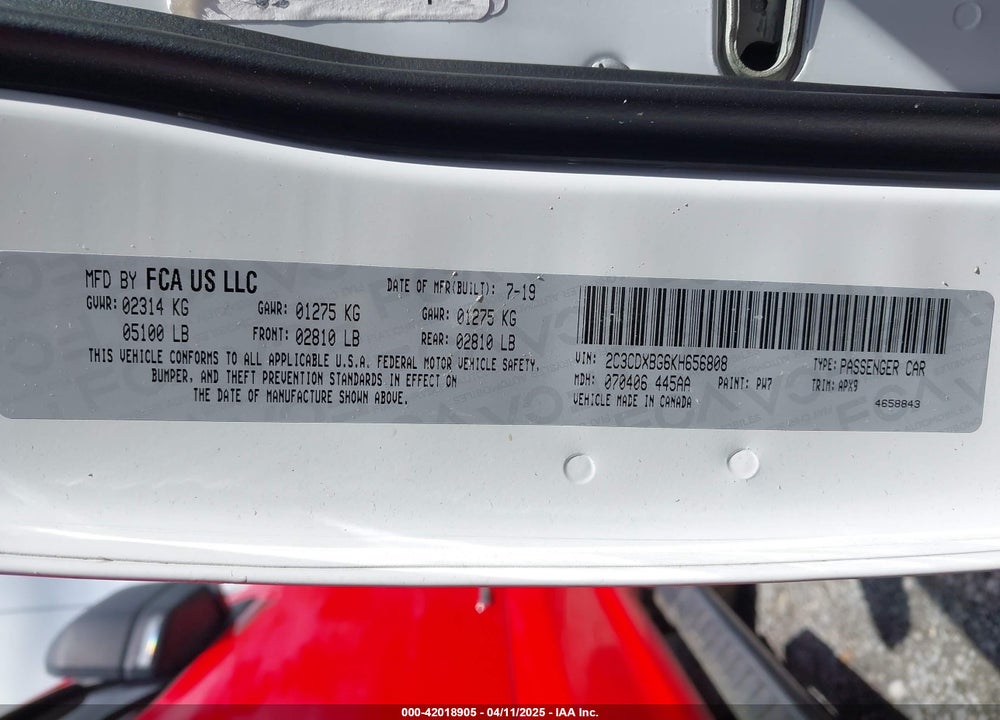 2019 DODGE CHARGER VIN: 2C3CDXBG6KH656808
