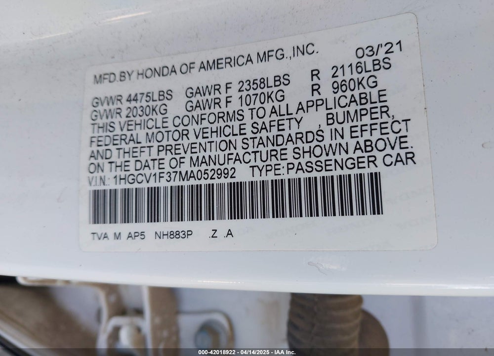 2021 HONDA ACCORD SPORT VIN: 1HGCV1F37MA052992
