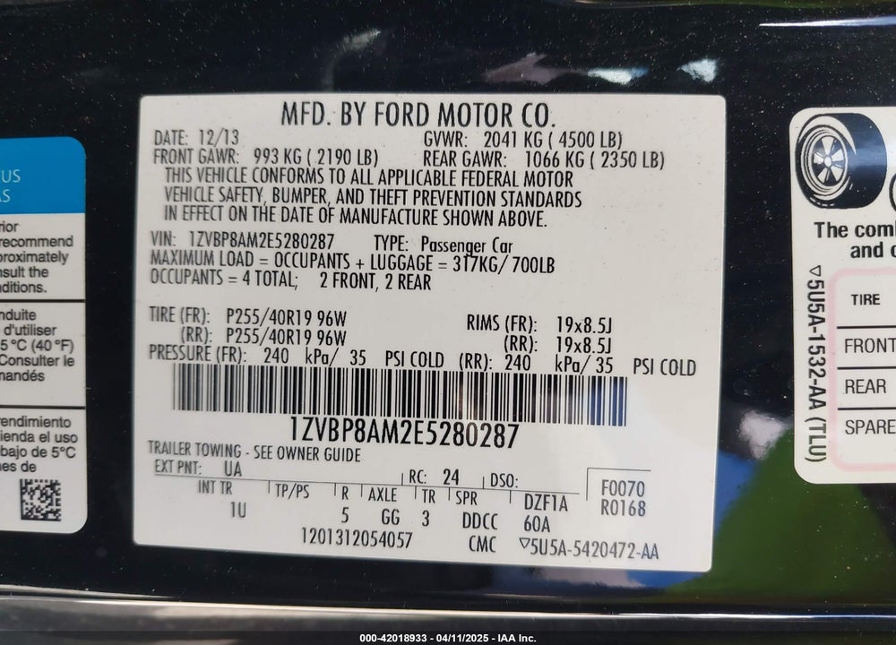2014 FORD MUSTANG VIN: 1ZVBP8AM2E5280287