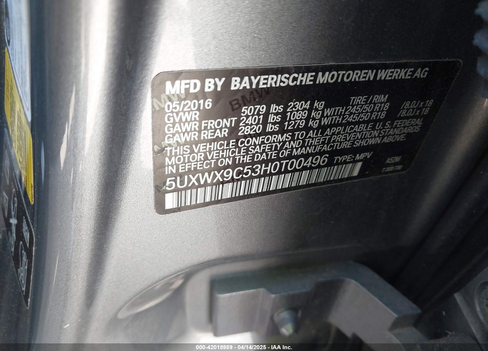 2017 BMW X3 VIN: 5UXWX9C53H0T00496