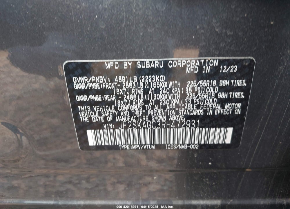 2024 SUBARU FORESTER VIN: JF2SKAGC3RH472931