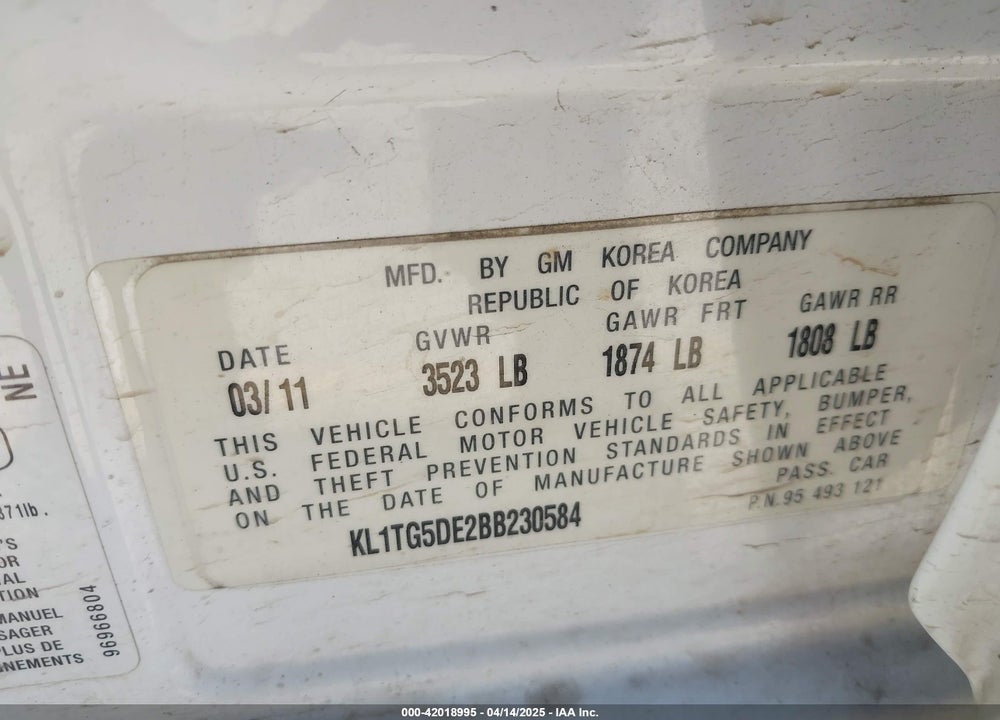 2011 CHEVROLET AVEO 2LT VIN: KL1TG5DE2BB230584