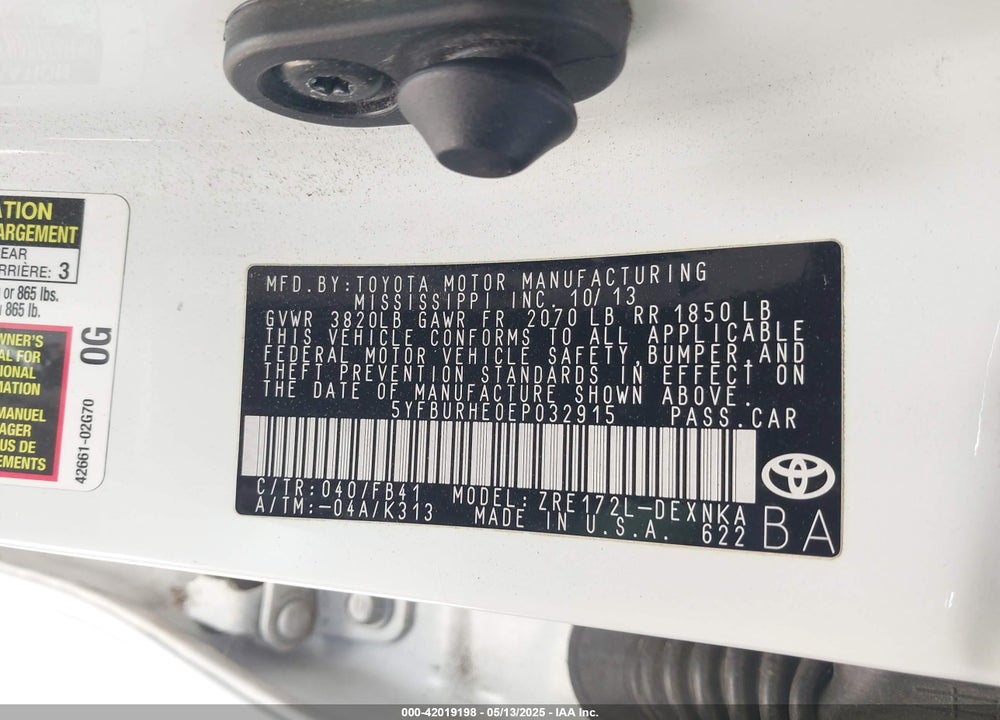 2014 TOYOTA COROLLA VIN: 5YFBURHE0EP032915