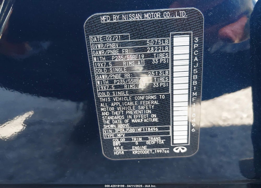 2021 INFINITI QX50 LUXE AWD VIN: 3PCAJ5BB1MF118496