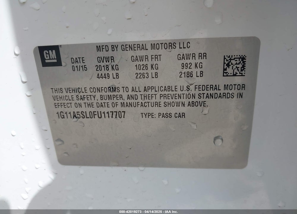 2015 CHEVROLET MALIBU VIN: 1G11A5SL0FU117707