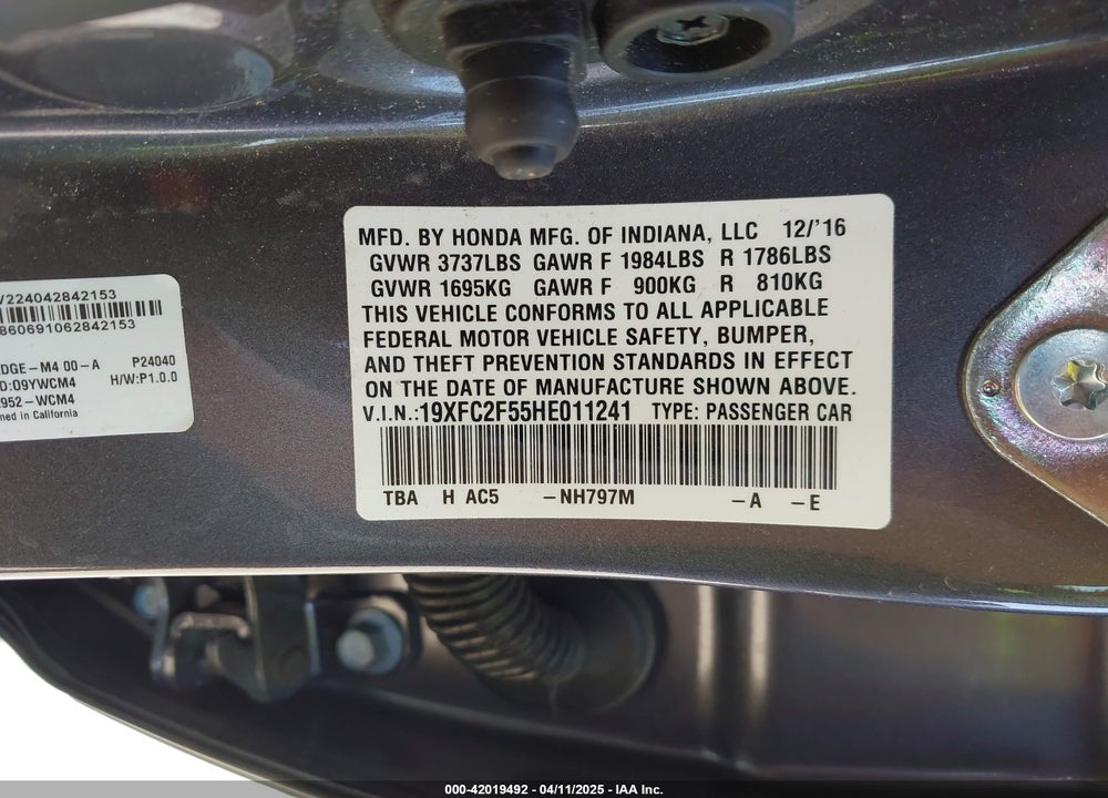 2017 HONDA CIVIC VIN: 19XFC2F55HE011241