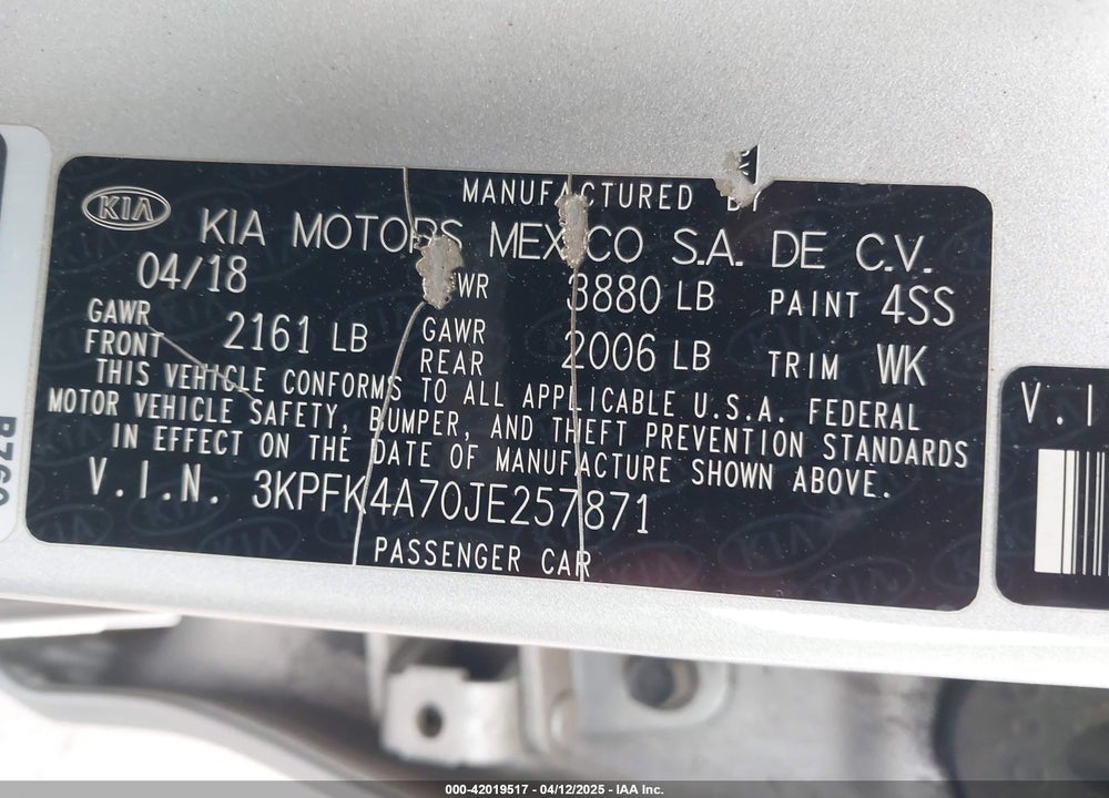 2018 KIA FORTE VIN: 3KPFK4A70JE257871