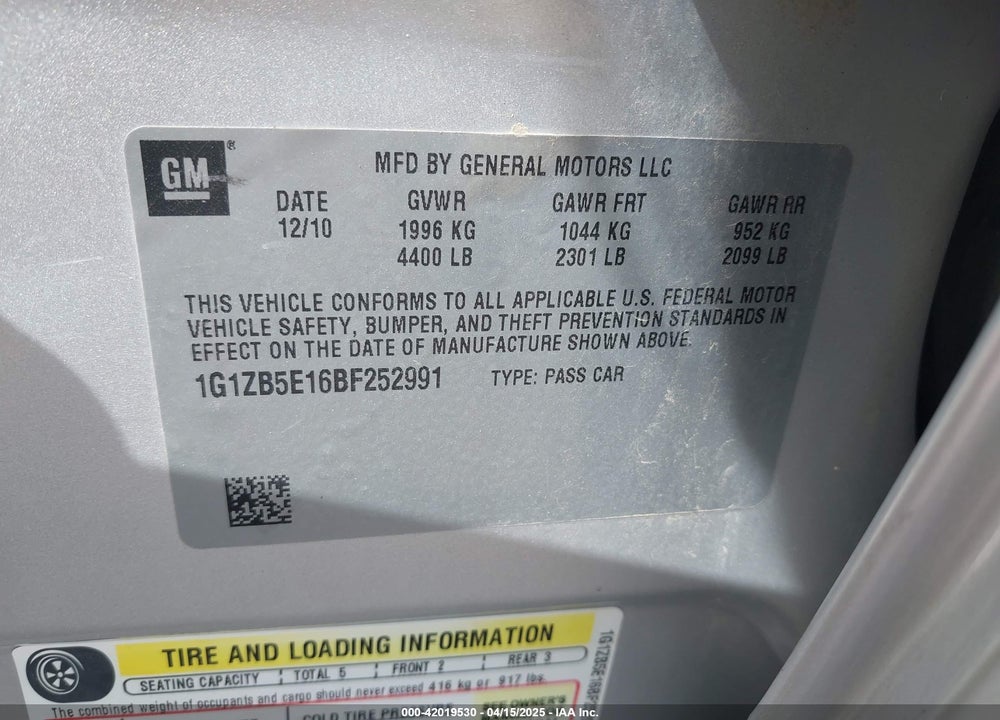 2011 CHEVROLET MALIBU VIN: 1G1ZB5E16BF252991