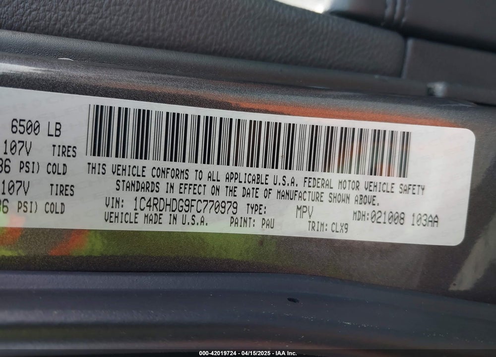 2015 DODGE DURANGO VIN: 1C4RDHDG9FC770979