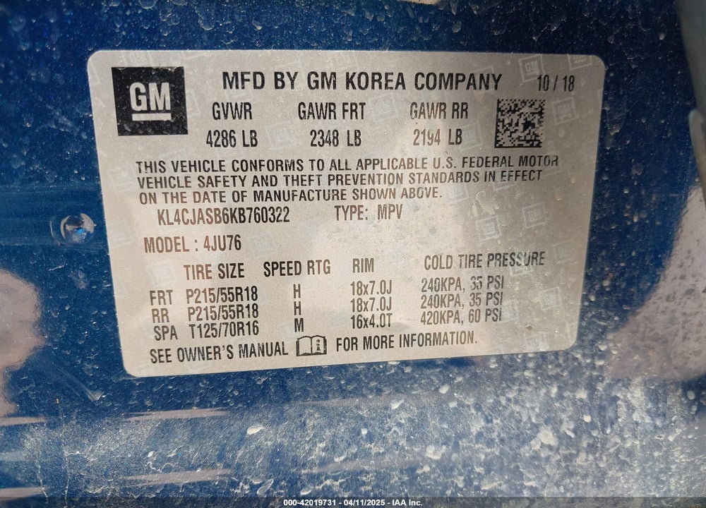 2019 BUICK ENCORE FWD PREFERRED VIN: KL4CJASB6KB760322