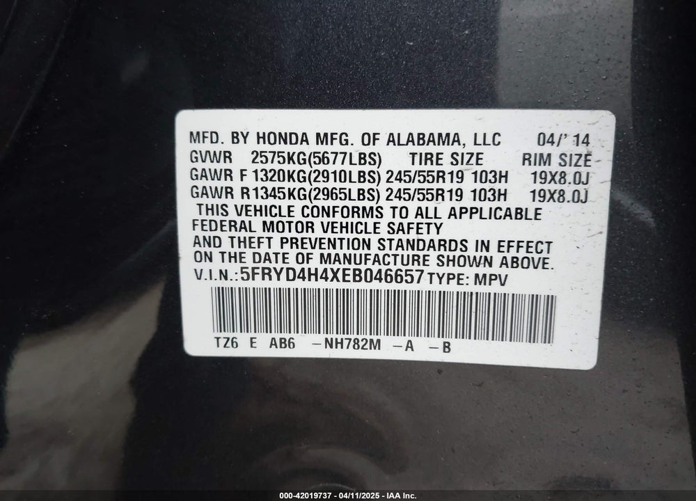2014 ACURA MDX VIN: 5FRYD4H4XEB046657