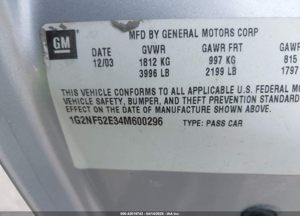 2004 PONTIAC GRAND AM SE1 VIN: 1G2NF52E34M600296