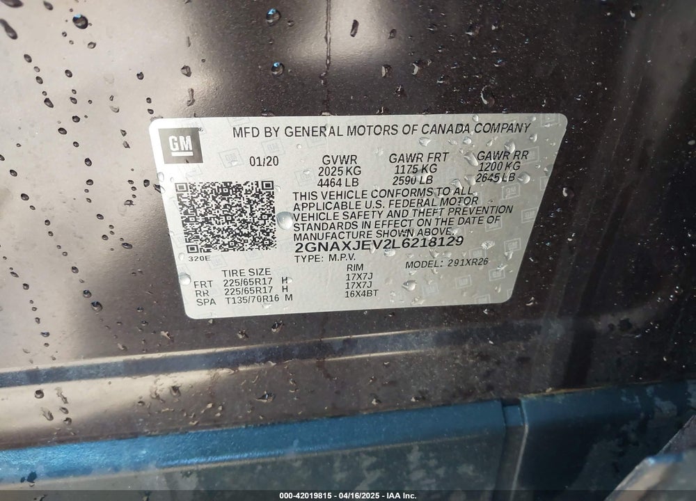 2020 CHEVROLET EQUINOX VIN: 2GNAXJEV2L6218129
