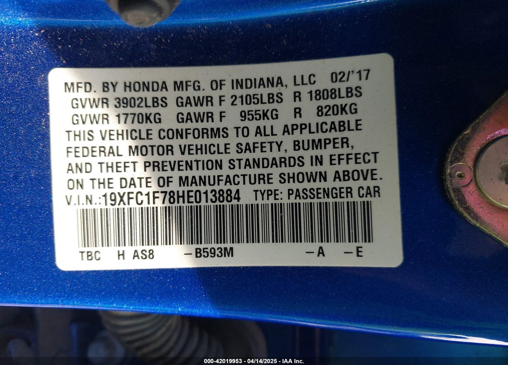 2017 HONDA CIVIC VIN: 19XFC1F78HE013884