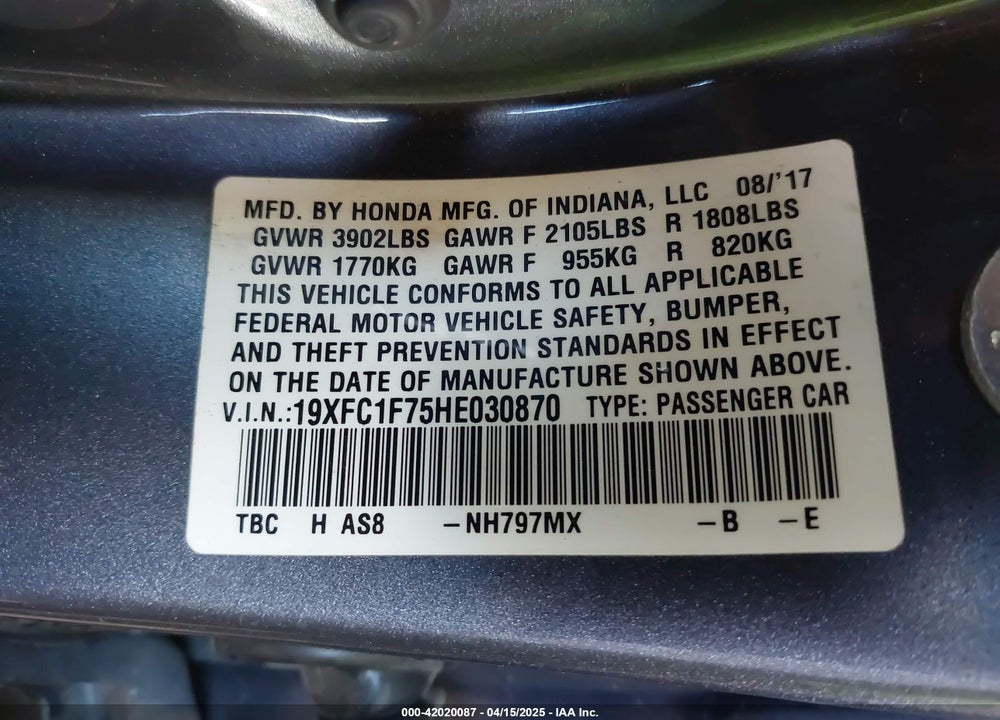 2017 HONDA CIVIC EX-L VIN: 19XFC1F75HE030870