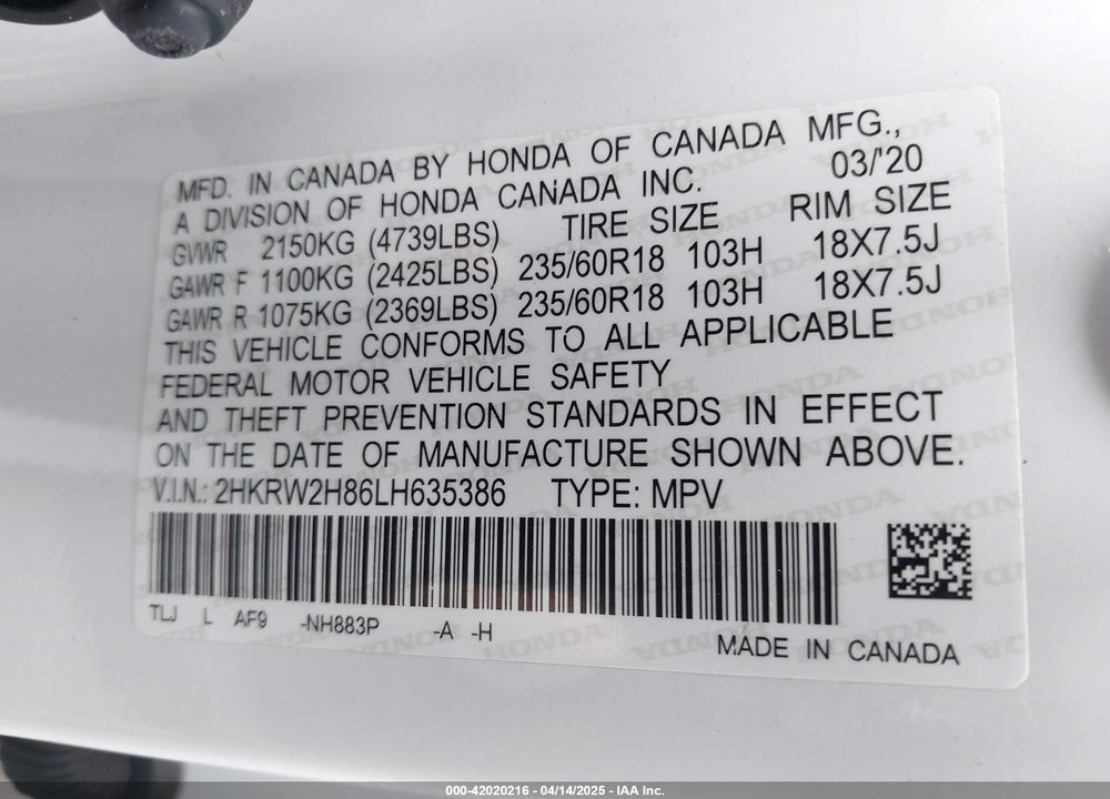 2020 HONDA CR-V AWD EX-L VIN: 2HKRW2H86LH635386