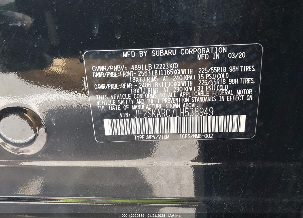 2020 SUBARU FORESTER SPORT VIN: JF2SKARC7LH538949