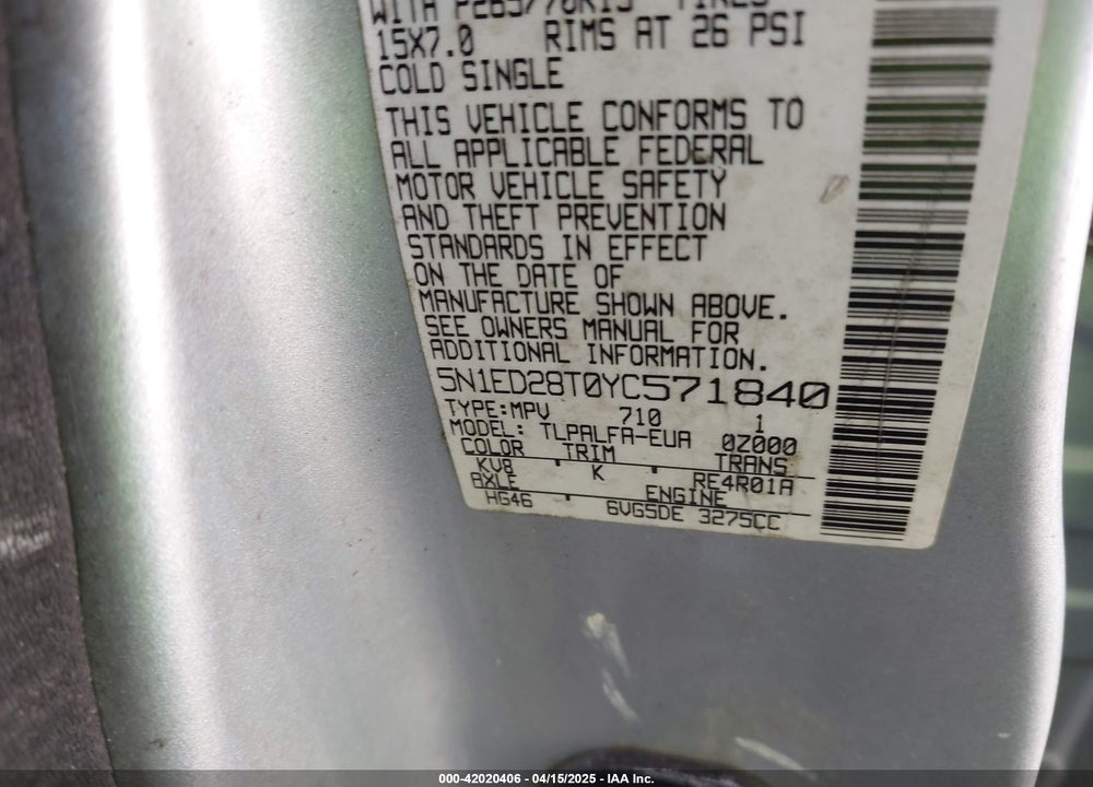 2000 NISSAN XTERRA SE/XE VIN: 5N1ED28T0YC571840