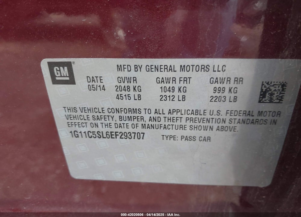 2014 CHEVROLET MALIBU VIN: 1G11C5SL6EF293707