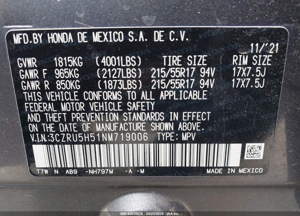 2022 HONDA HR-V 2WD EX VIN: 3CZRU5H51NM719006